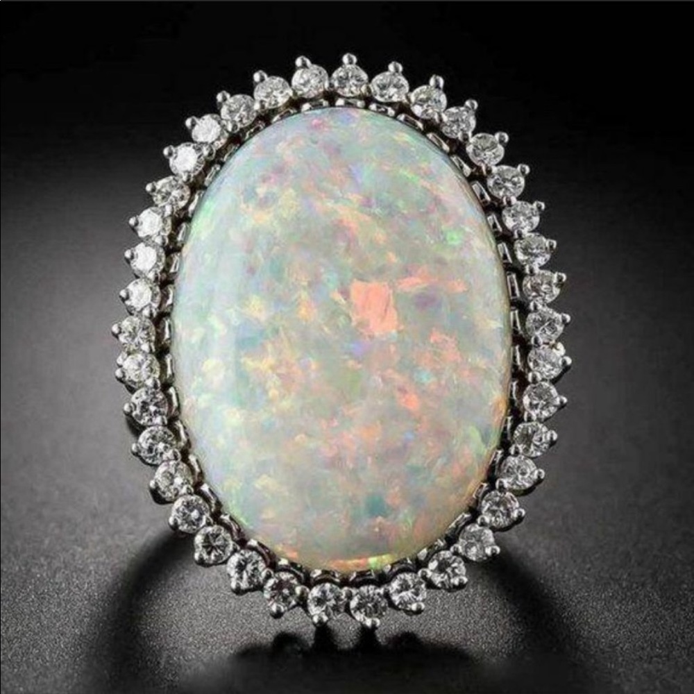 NEW💎925 Sterling Silver Diamond Huge Opal Ring